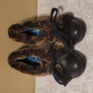 Irregular Choice, 7.5, black with faux fur trim. Never worn.